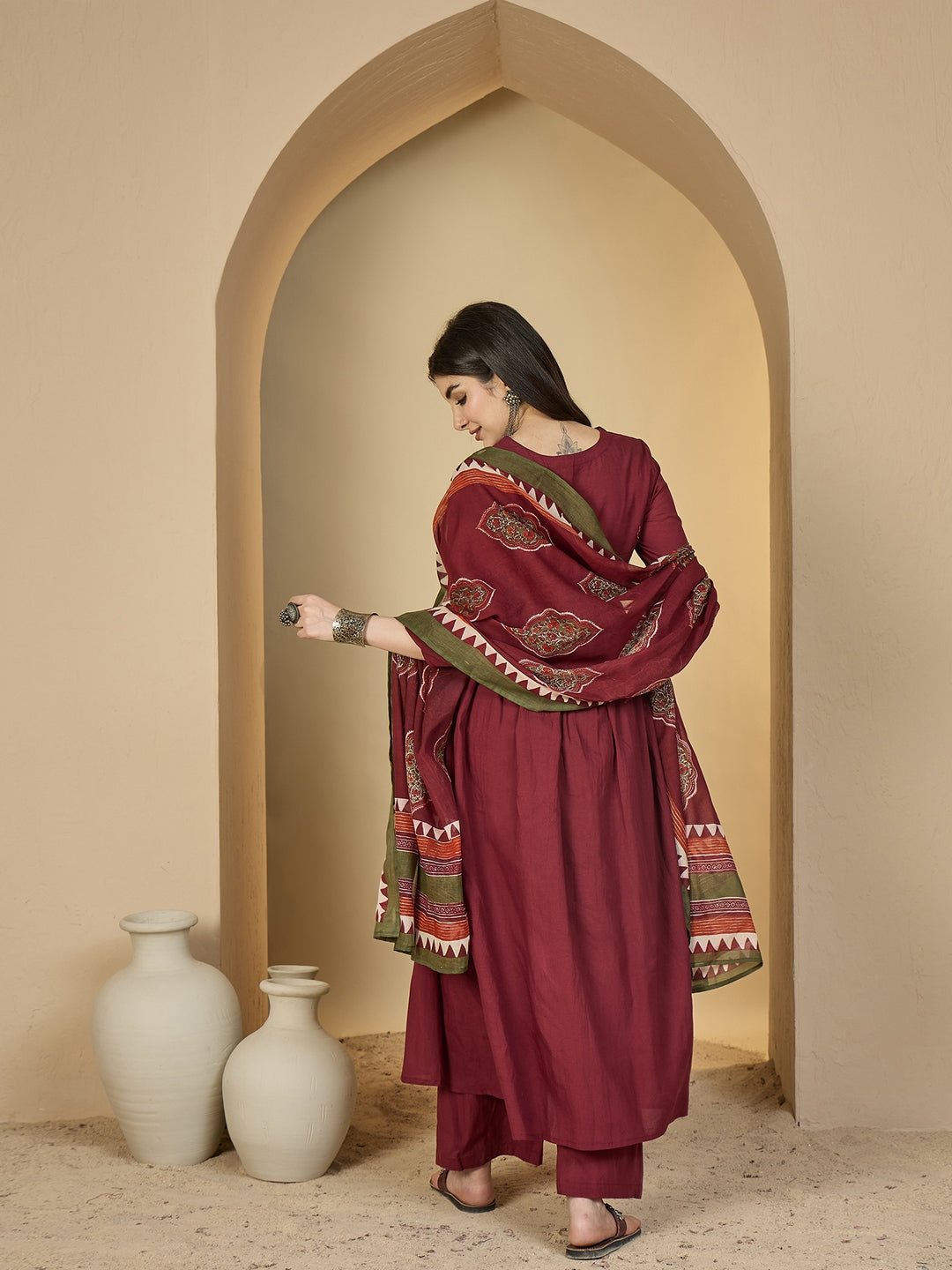 Cotton Calf Length Solid 3/4 Sleeves Round Neck Flared Kurta Suit Set