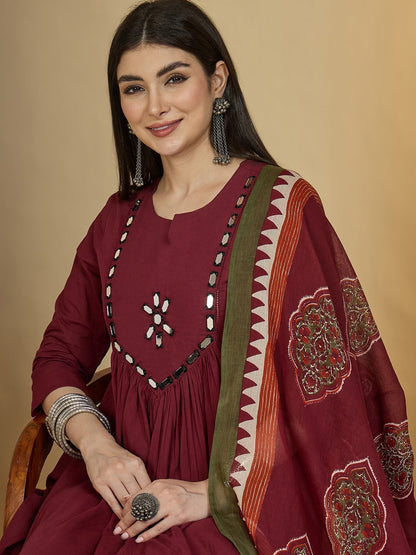 Cotton Calf Length Solid 3/4 Sleeves Round Neck Flared Kurta Suit Set