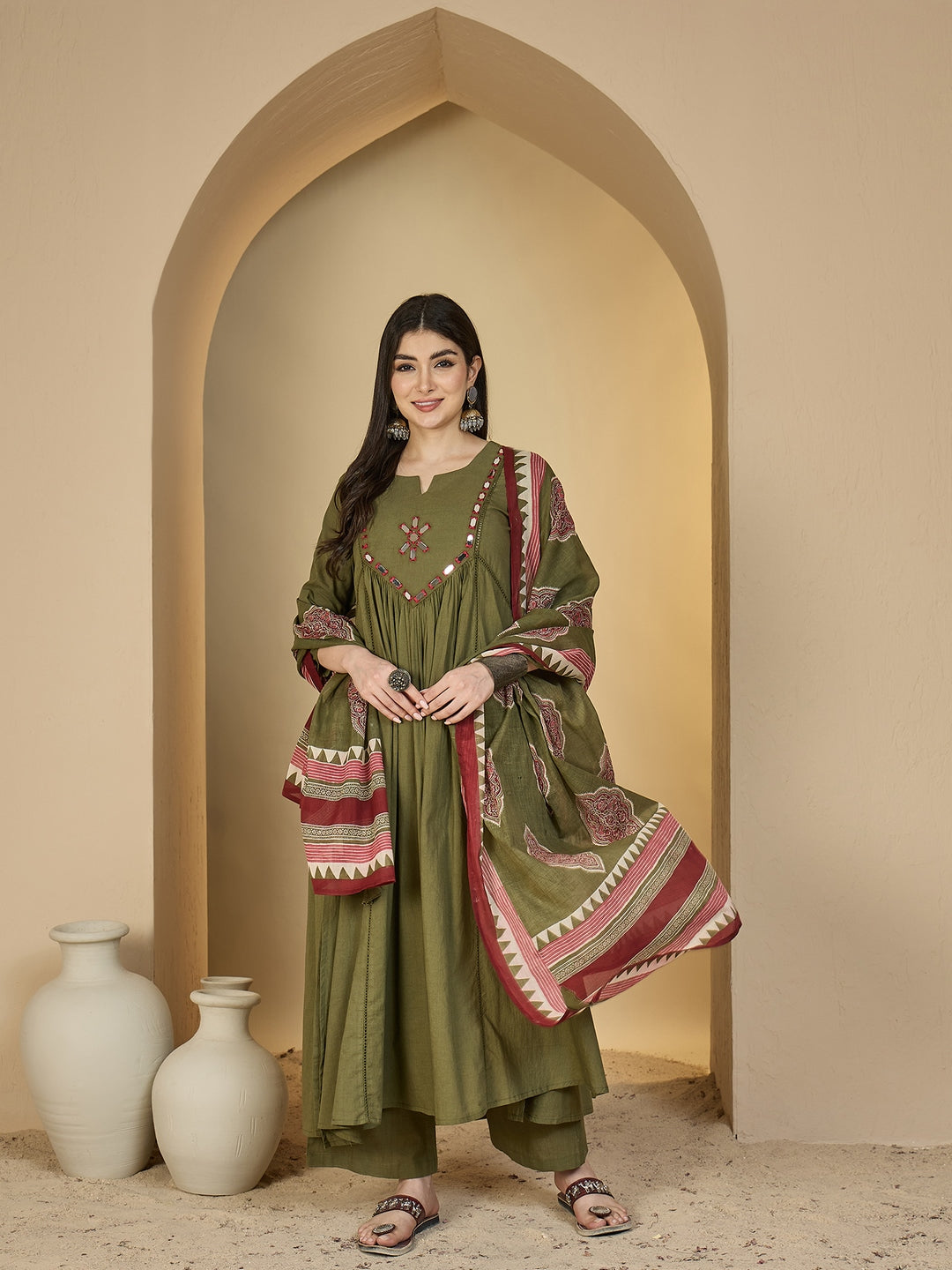 Cotton Calf Length Solid 3/4 Sleeves Round Neck Flared Kurta Suit Set