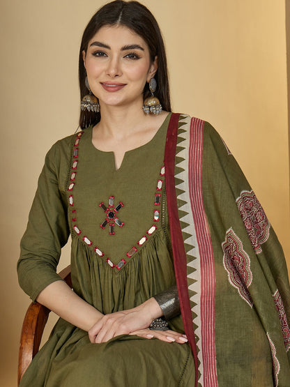 Cotton Calf Length Solid 3/4 Sleeves Round Neck Flared Kurta Suit Set