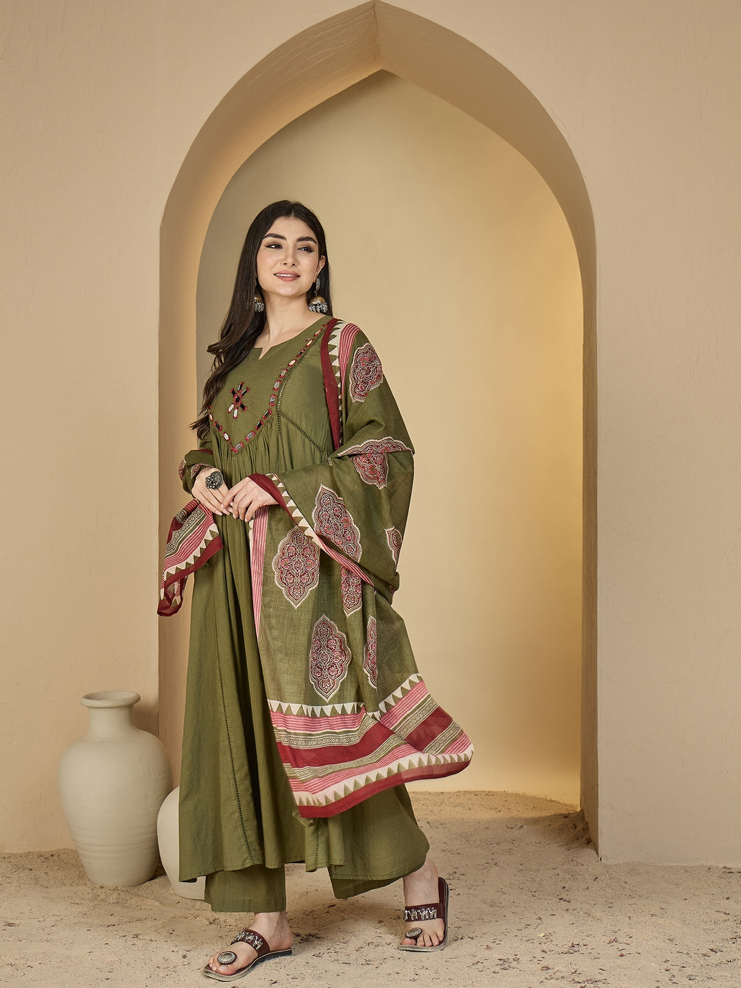 Cotton Calf Length Solid 3/4 Sleeves Round Neck Flared Kurta Suit Set