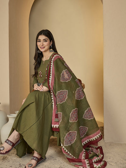 Cotton Calf Length Solid 3/4 Sleeves Round Neck Flared Kurta Suit Set