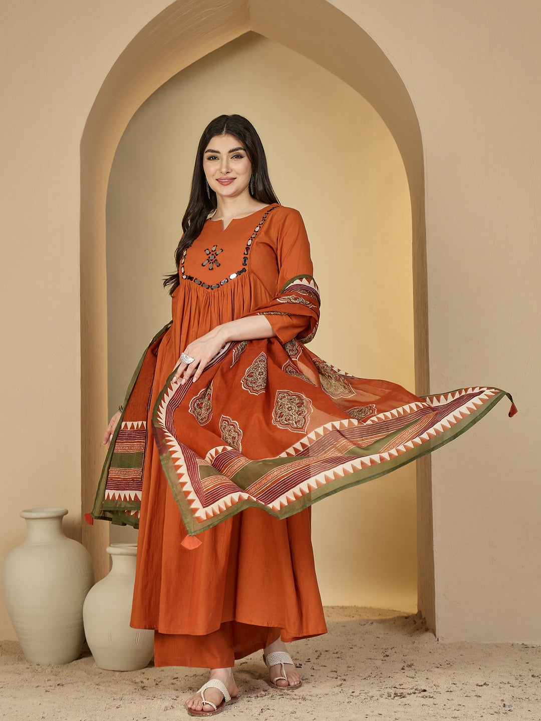 Cotton Calf Length Solid 3/4 Sleeves Round Neck Flared Kurta Suit Set