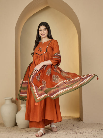 Cotton Calf Length Solid 3/4 Sleeves Round Neck Flared Kurta Suit Set