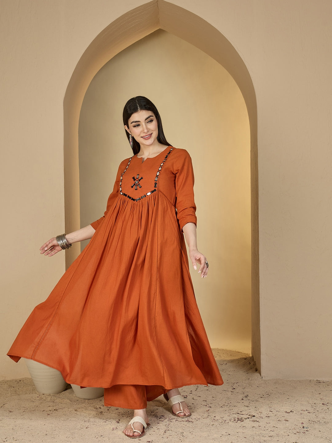 Cotton Calf Length Solid 3/4 Sleeves Round Neck Flared Kurta Suit Set