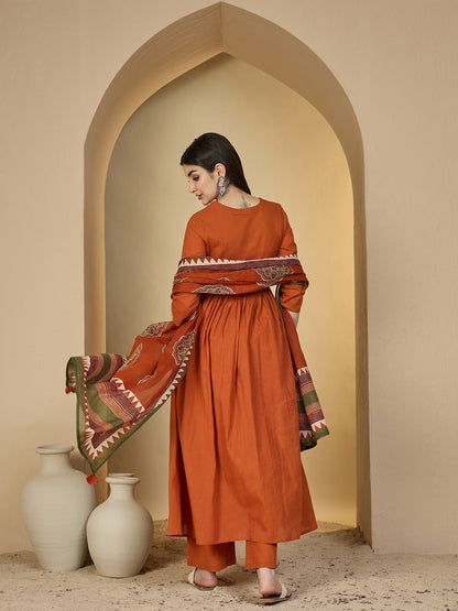 Cotton Calf Length Solid 3/4 Sleeves Round Neck Flared Kurta Suit Set