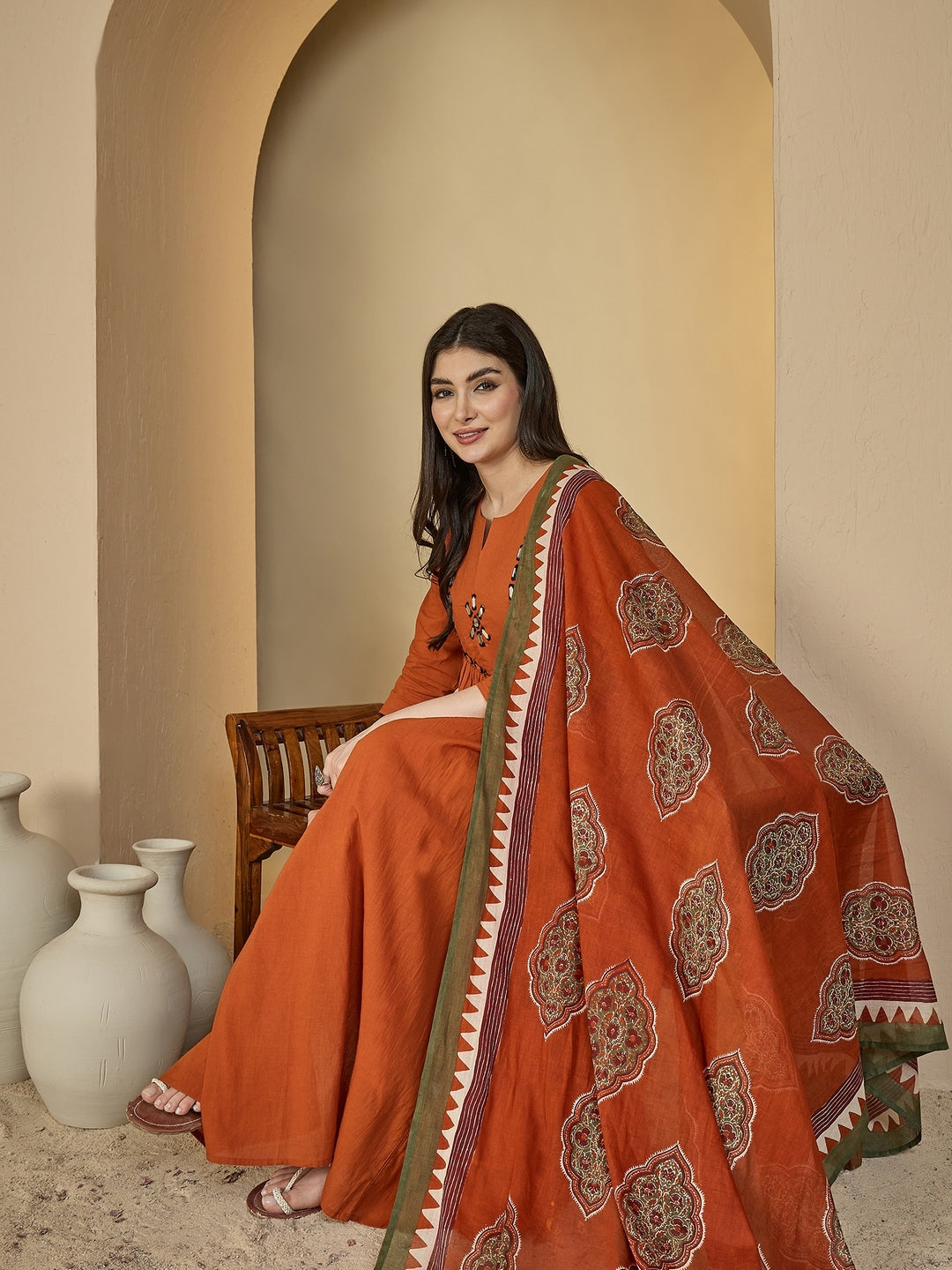 Cotton Calf Length Solid 3/4 Sleeves Round Neck Flared Kurta Suit Set