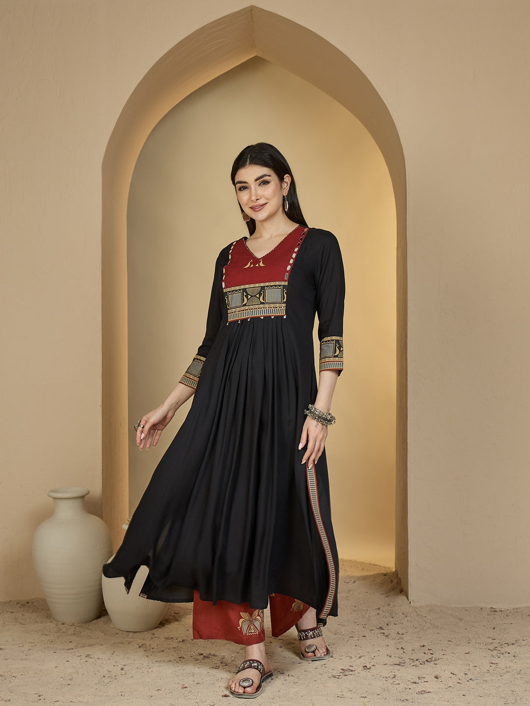 Rayon Calf Length Solid 3/4 Sleeves V-Neck Flared Kurta Suit Set