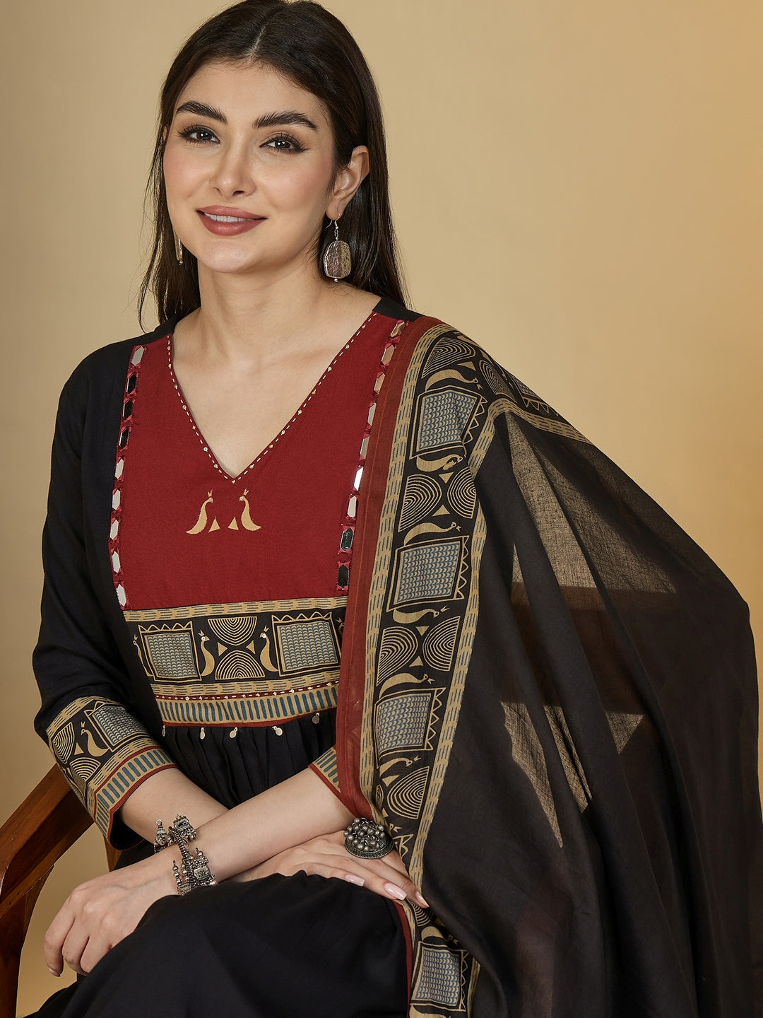 Rayon Calf Length Solid 3/4 Sleeves V-Neck Flared Kurta Suit Set