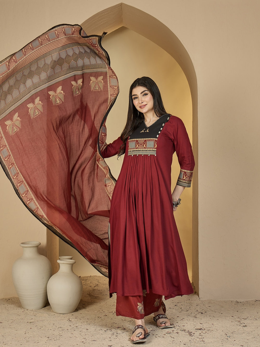 Rayon Calf Length Solid 3/4 Sleeves V-Neck Flared Kurta Suit Set