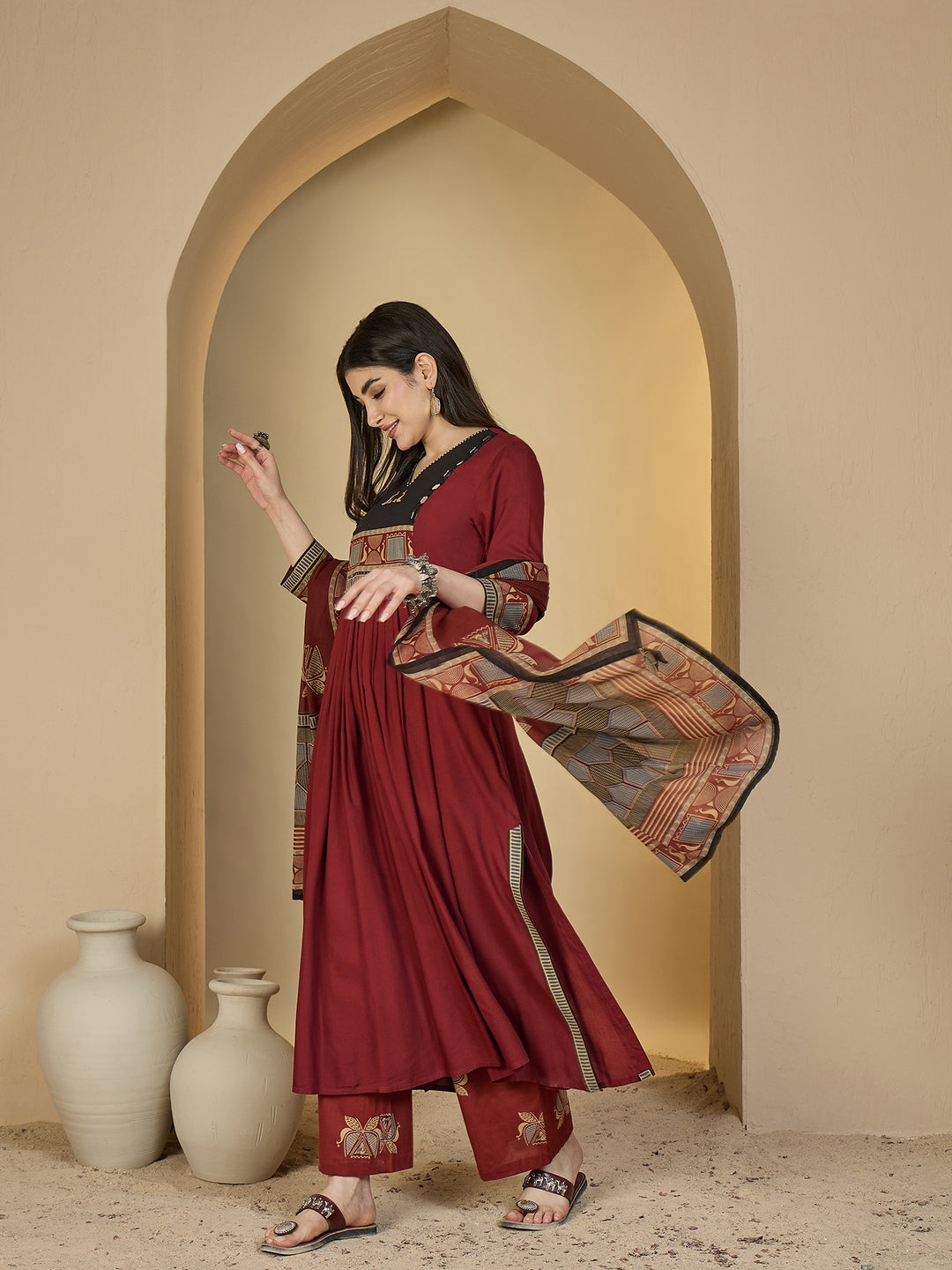 Rayon Calf Length Solid 3/4 Sleeves V-Neck Flared Kurta Suit Set