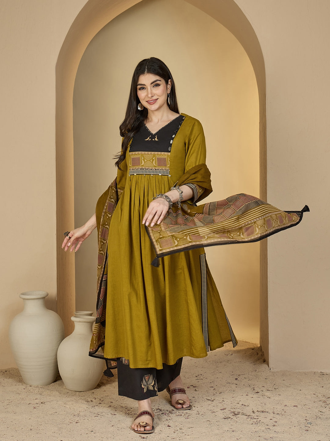 Rayon Calf Length Solid 3/4 Sleeves V-Neck Flared Kurta Suit Set