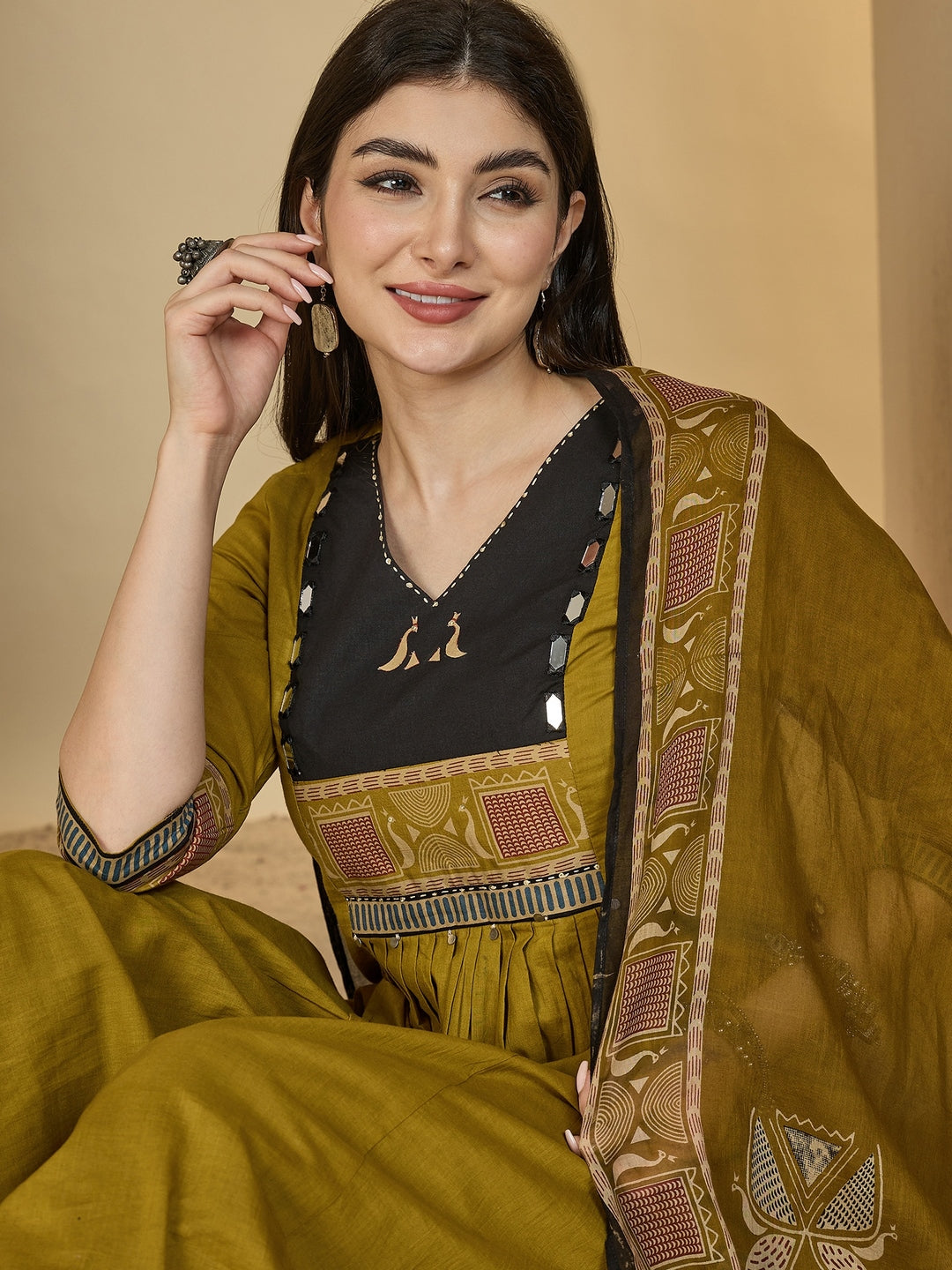 Rayon Calf Length Solid 3/4 Sleeves V-Neck Flared Kurta Suit Set