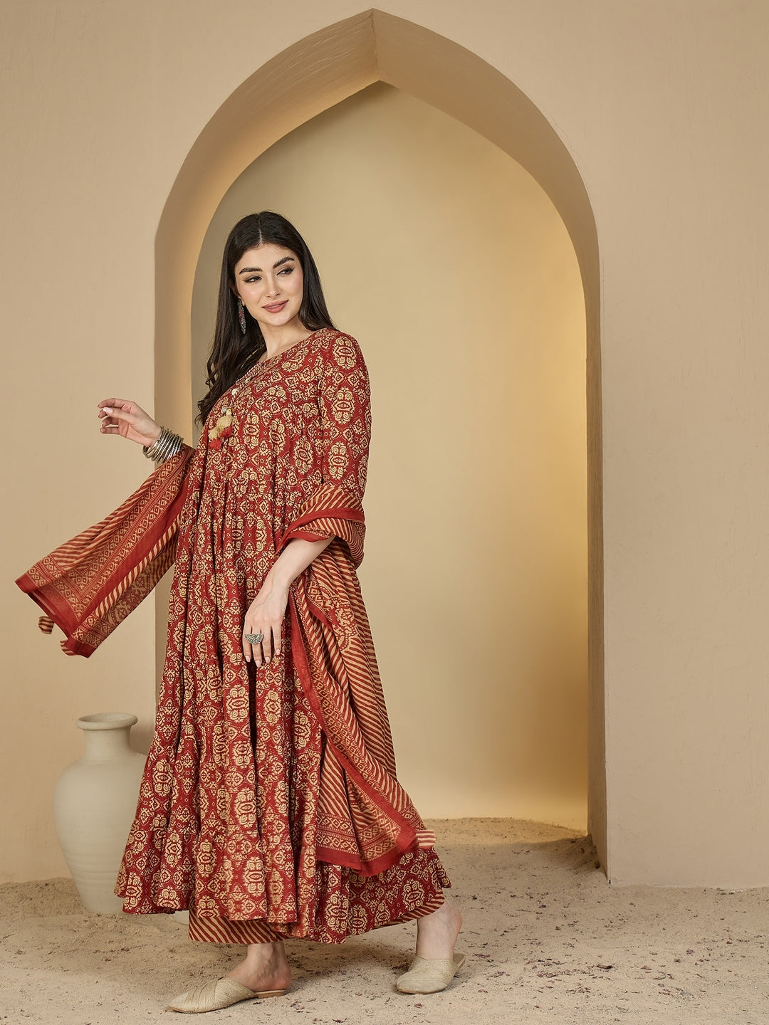 Cotton Calf Length Printed 3/4 Sleeves Round Neck Anarkali Kurta Suit Set