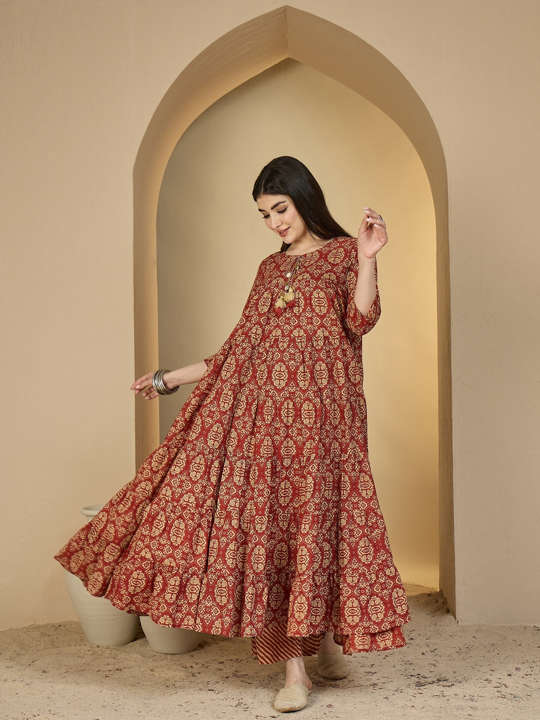 Cotton Calf Length Printed 3/4 Sleeves Round Neck Anarkali Kurta Suit Set