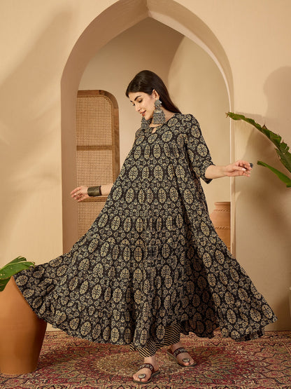 Cotton Calf Length Printed 3/4 Sleeve Key Hole Neck Anarkali Kurta Suit Set