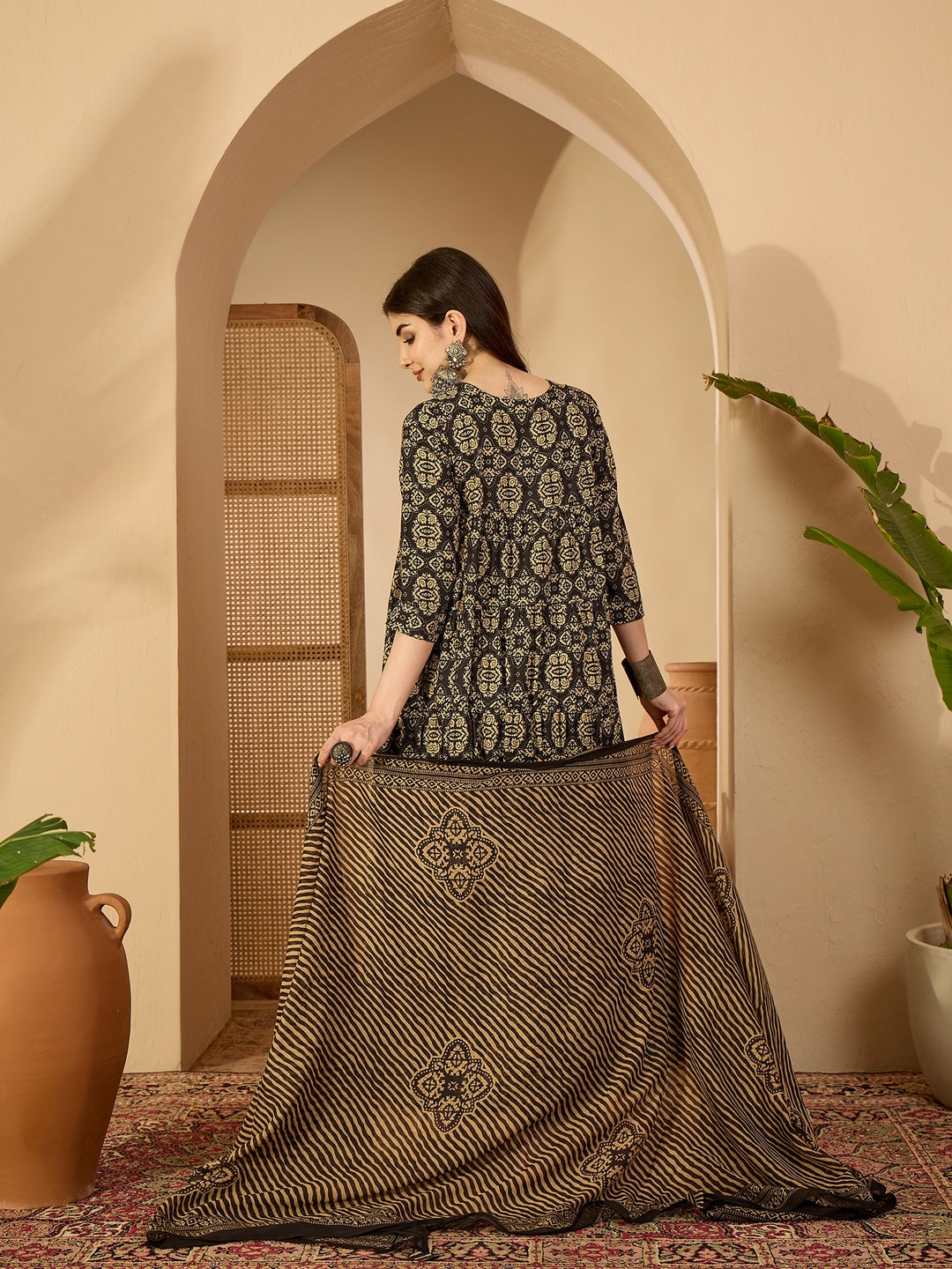 Cotton Calf Length Printed 3/4 Sleeve Key Hole Neck Anarkali Kurta Suit Set