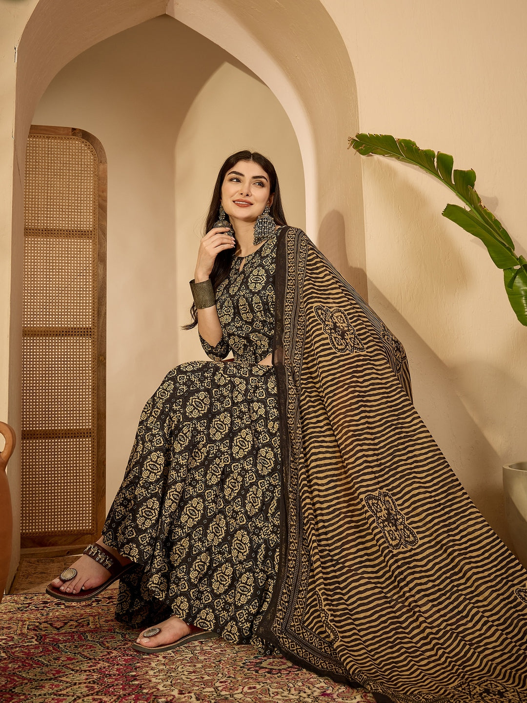 Cotton Calf Length Printed 3/4 Sleeve Key Hole Neck Anarkali Kurta Suit Set