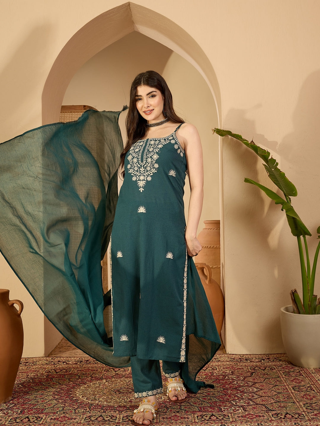 Cotton Calf Length Solid Sleeveless V-Neck Straight Kurta Suit Set