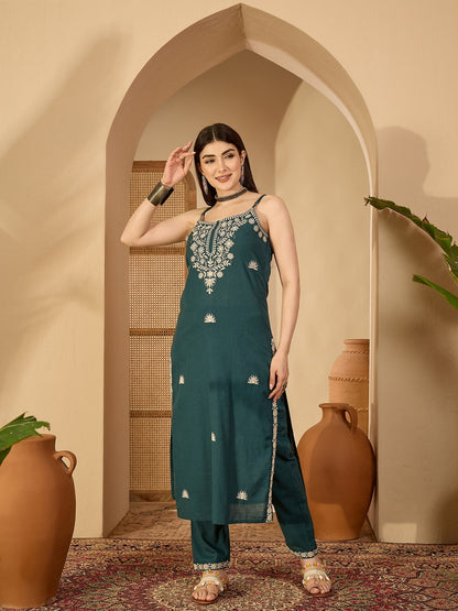 Cotton Calf Length Solid Sleeveless V-Neck Straight Kurta Suit Set