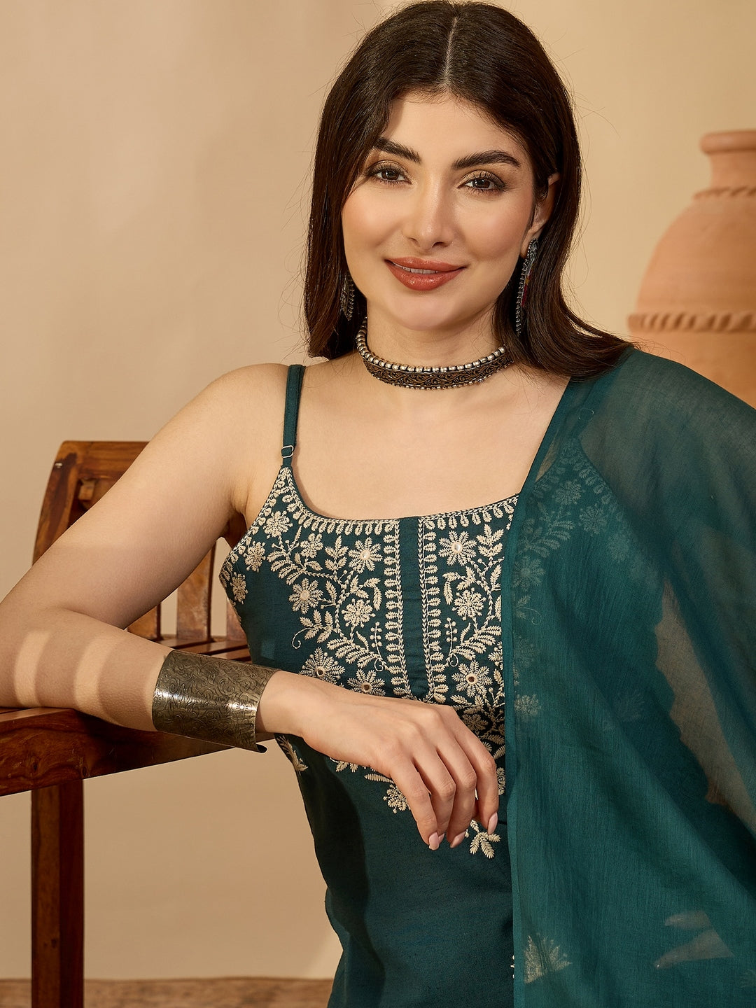 Cotton Calf Length Solid Sleeveless V-Neck Straight Kurta Suit Set