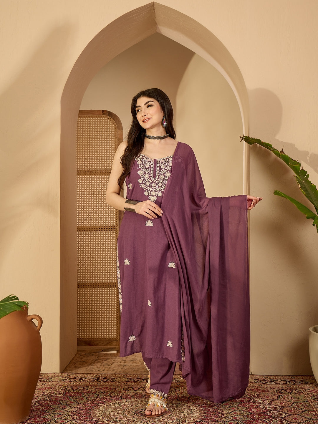 Cotton Calf Length Solid Sleeveless V-Neck Straight Kurta Suit Set