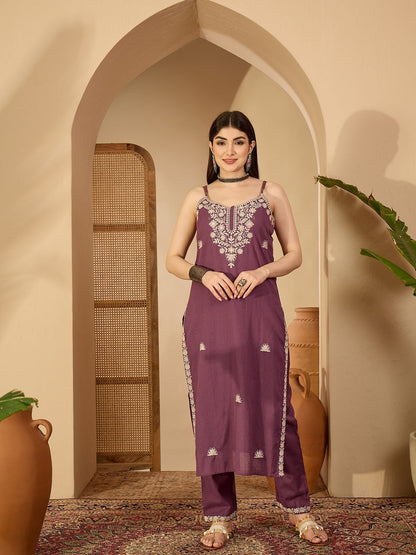 Cotton Calf Length Solid Sleeveless V-Neck Straight Kurta Suit Set