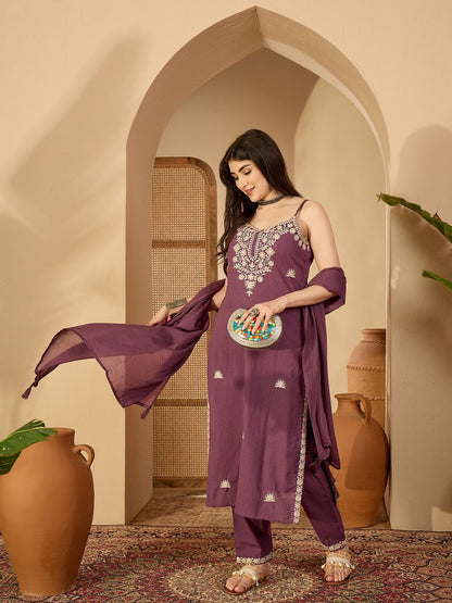 Cotton Calf Length Solid Sleeveless V-Neck Straight Kurta Suit Set