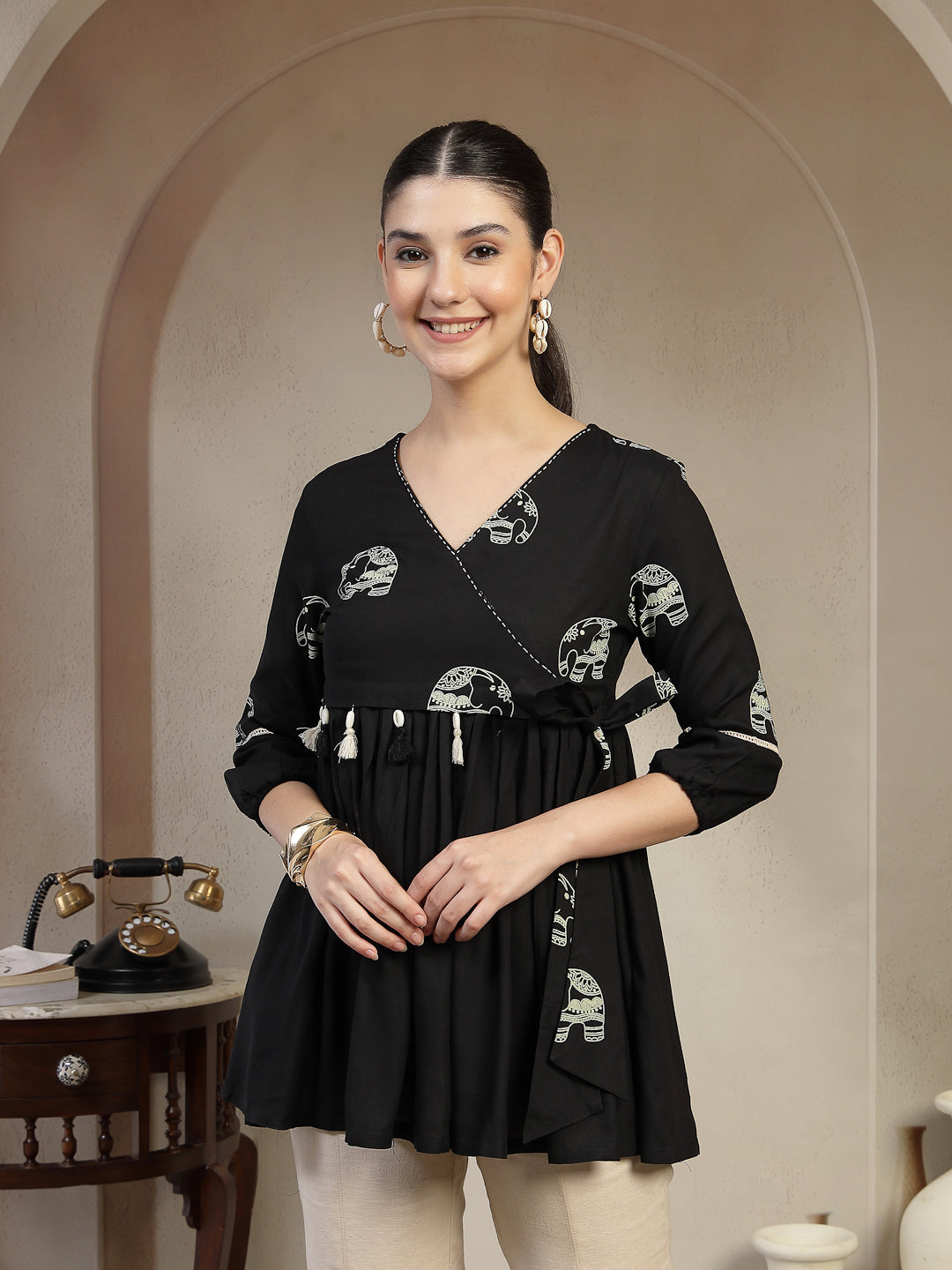 Rayon Hip Length Printed 3/4 Sleeves V-Neck Flared Top