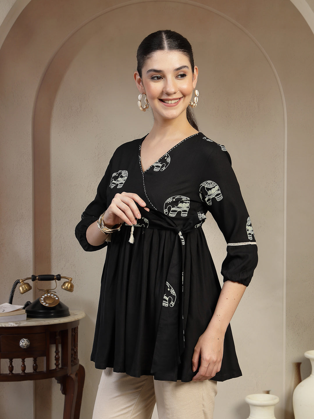 Rayon Hip Length Printed 3/4 Sleeves V-Neck Flared Top (Pre-Order)