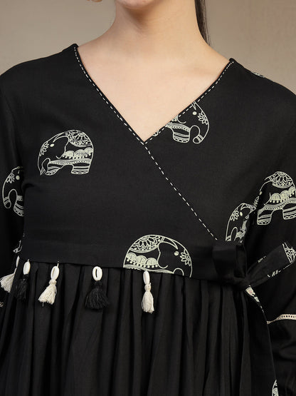 Rayon Hip Length Printed 3/4 Sleeves V-Neck Flared Top