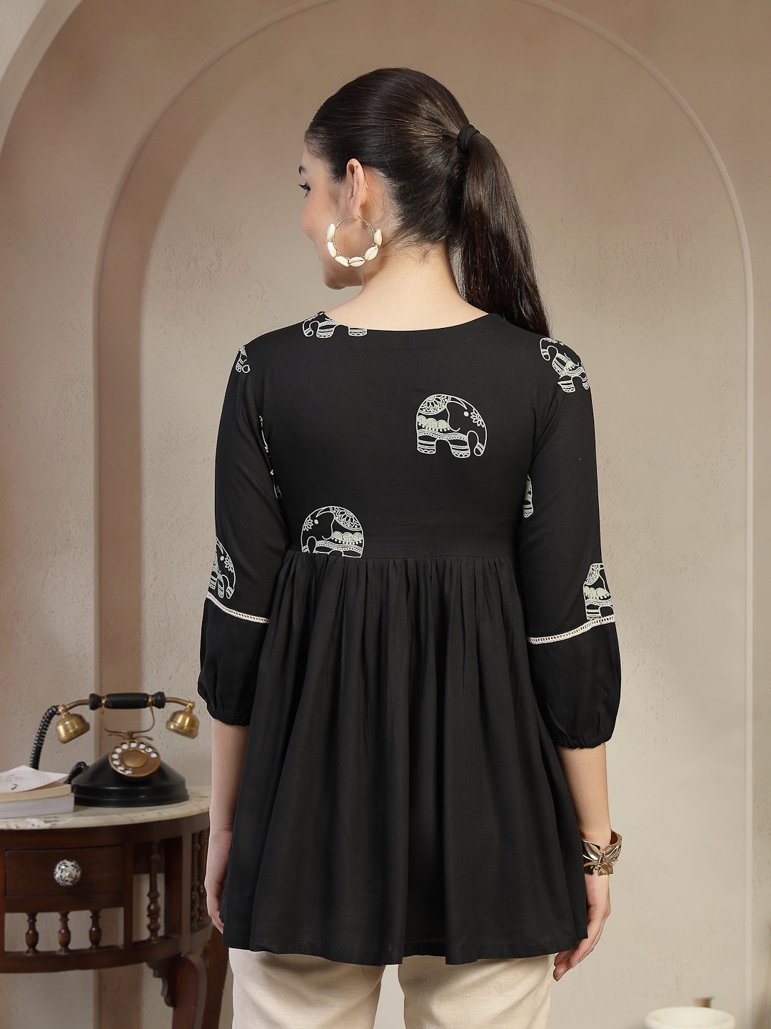 Rayon Hip Length Printed 3/4 Sleeves V-Neck Flared Top