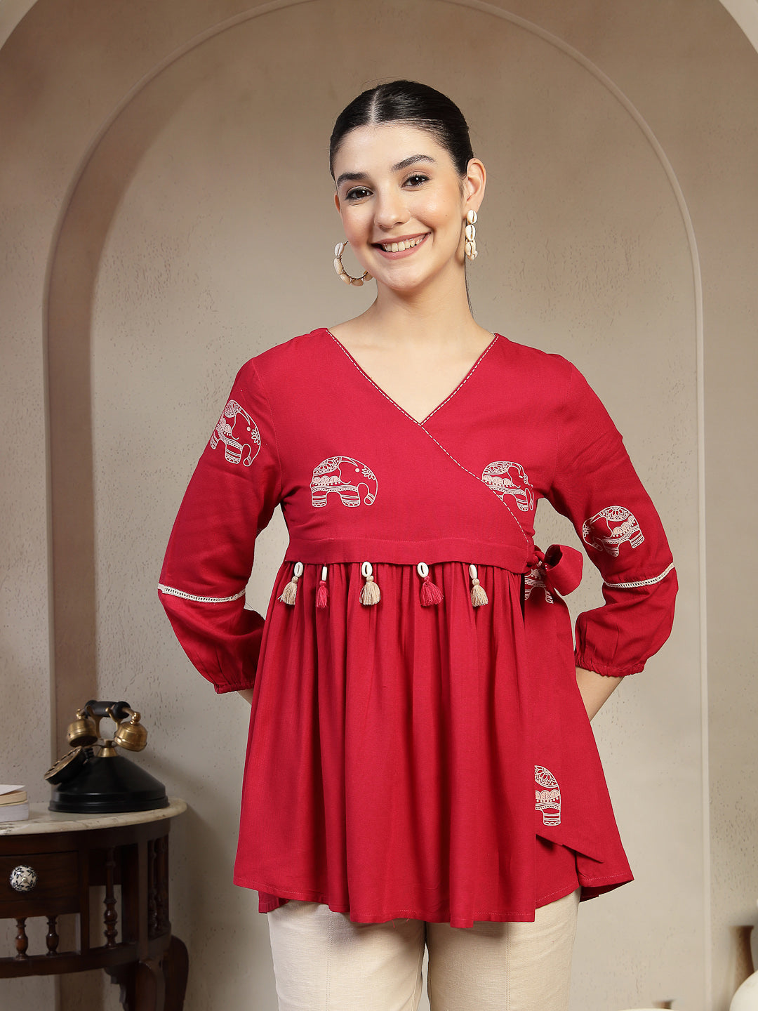 Rayon Hip Length Printed 3/4 Sleeves V-Neck Flared Top