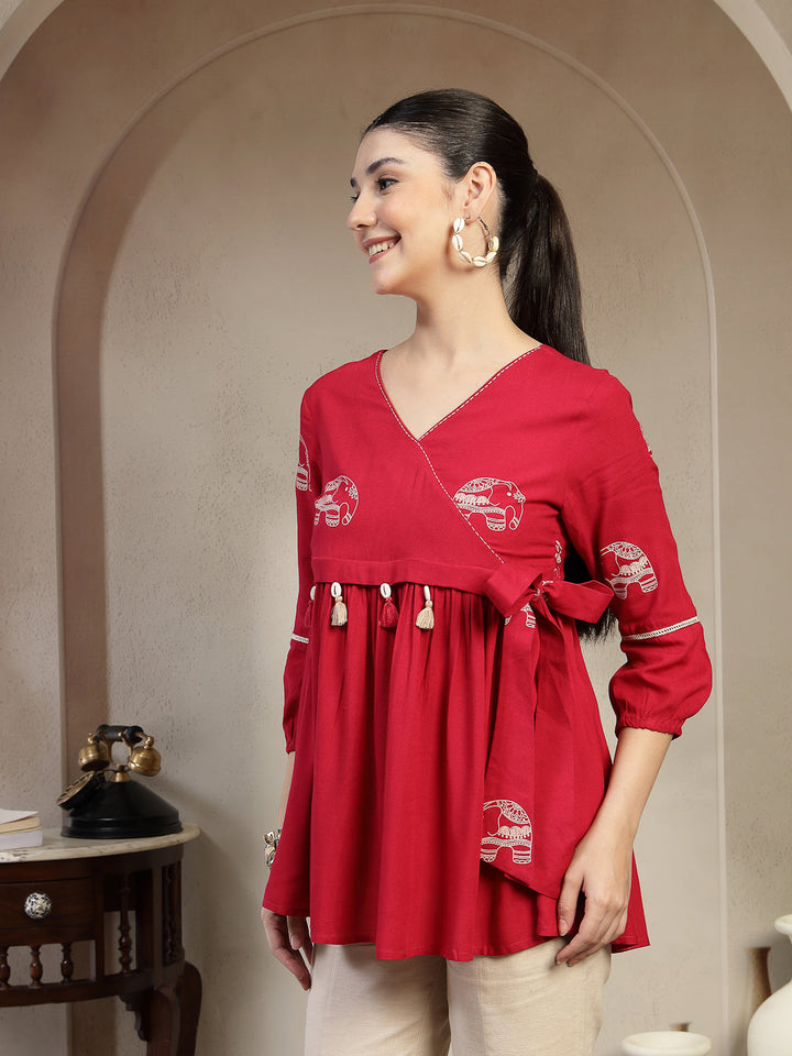 Rayon Hip Length Printed 3/4 Sleeves V-Neck Flared Top