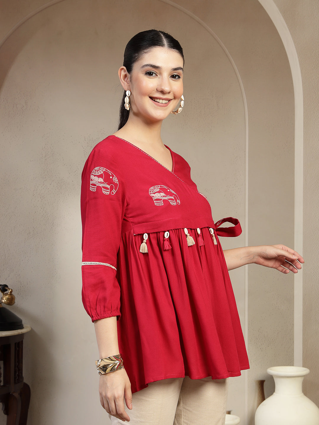 Rayon Hip Length Printed 3/4 Sleeves V-Neck Flared Top