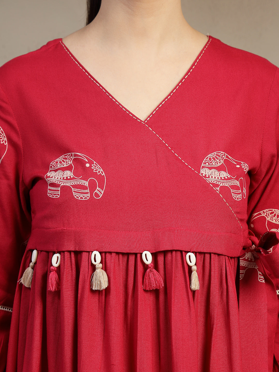 Rayon Hip Length Printed 3/4 Sleeves V-Neck Flared Top