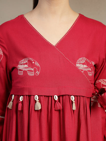 Rayon Hip Length Printed 3/4 Sleeves V-Neck Flared Top