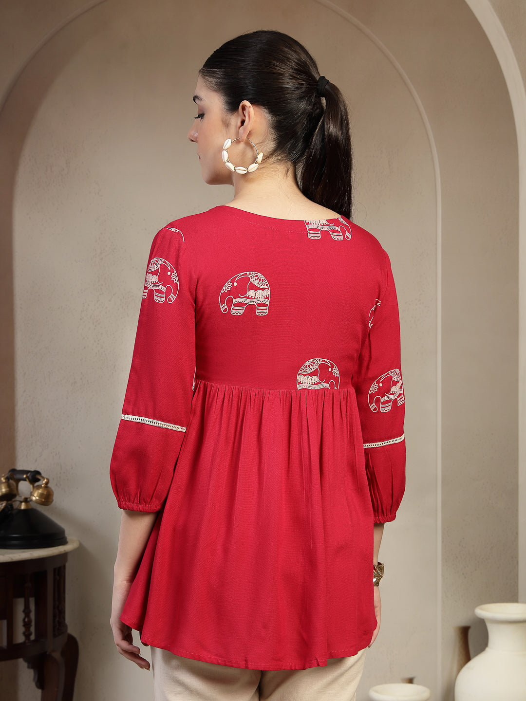 Rayon Hip Length Printed 3/4 Sleeves V-Neck Flared Top