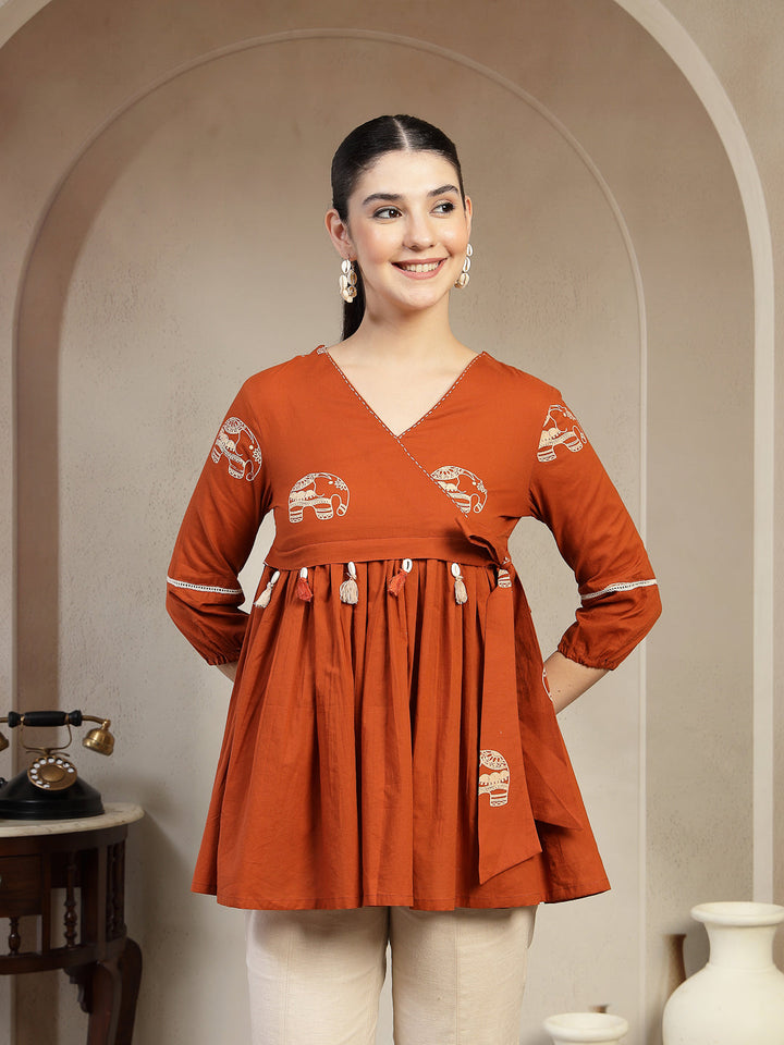 Rayon Hip Length Printed 3/4 Sleeves V-Neck Flared Top