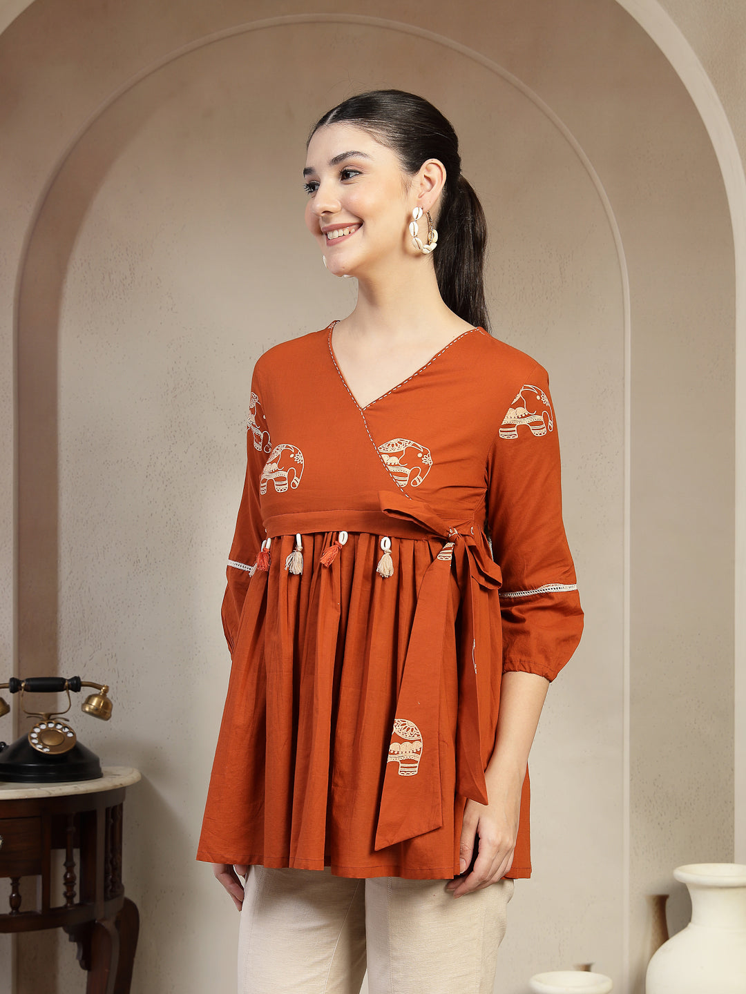 Rayon Hip Length Printed 3/4 Sleeves V-Neck Flared Top