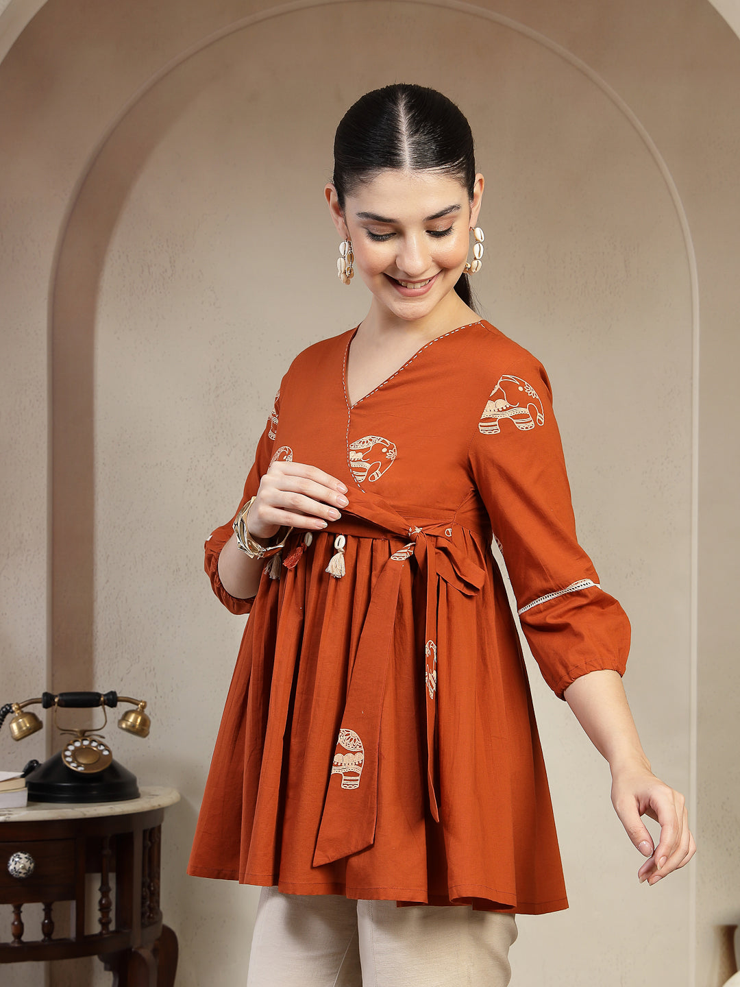 Rayon Hip Length Printed 3/4 Sleeves V-Neck Flared Top