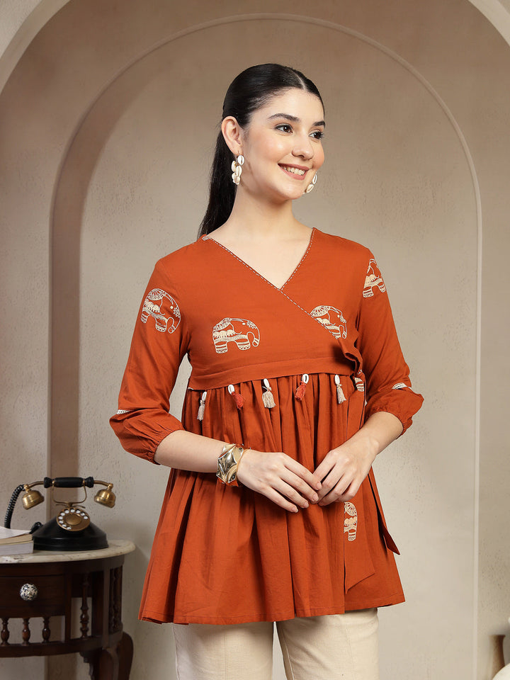 Rayon Hip Length Printed 3/4 Sleeves V-Neck Flared Top