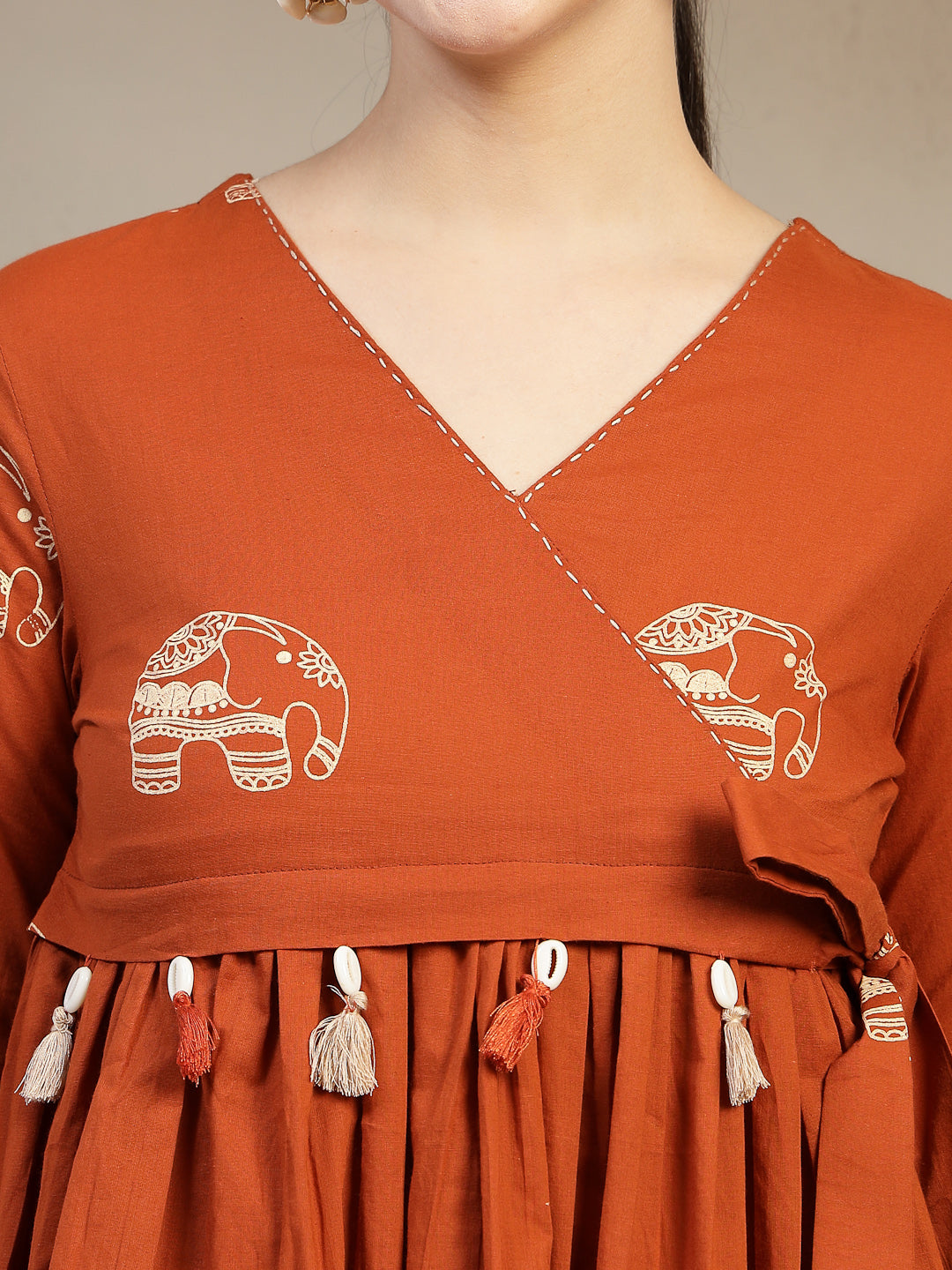 Rayon Hip Length Printed 3/4 Sleeves V-Neck Flared Top