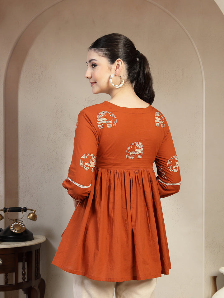 Rayon Hip Length Printed 3/4 Sleeves V-Neck Flared Top