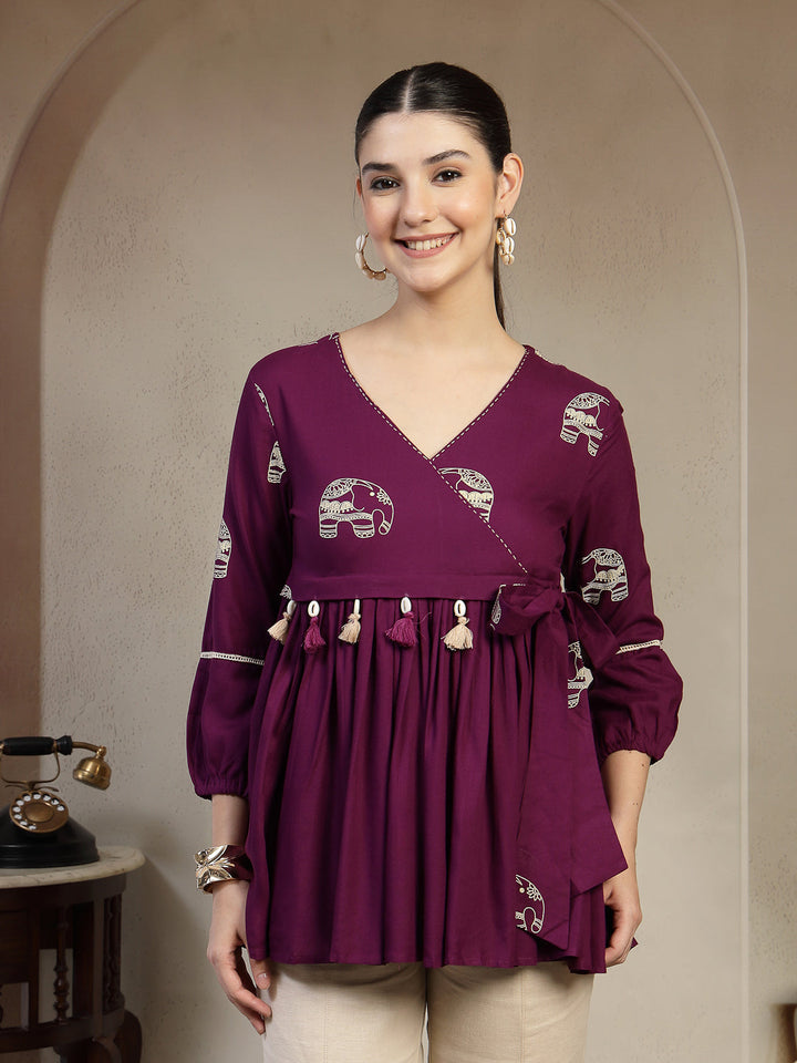 Rayon Hip Length Printed 3/4 Sleeves V-Neck Flared Top
