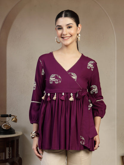 Rayon Hip Length Printed 3/4 Sleeves V-Neck Flared Top (Pre-Order)