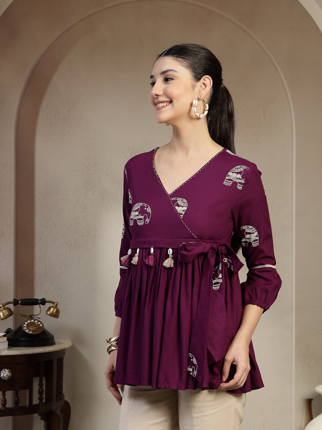 Rayon Hip Length Printed 3/4 Sleeves V-Neck Flared Top