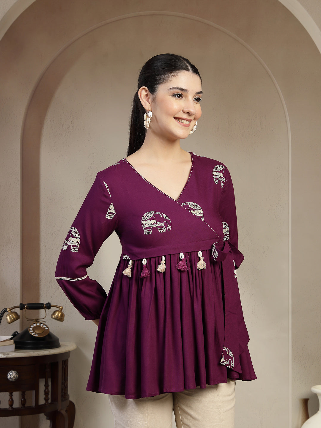 Rayon Hip Length Printed 3/4 Sleeves V-Neck Flared Top