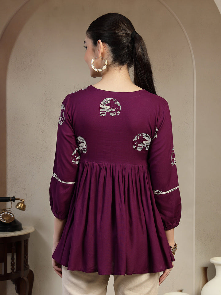 Rayon Hip Length Printed 3/4 Sleeves V-Neck Flared Top
