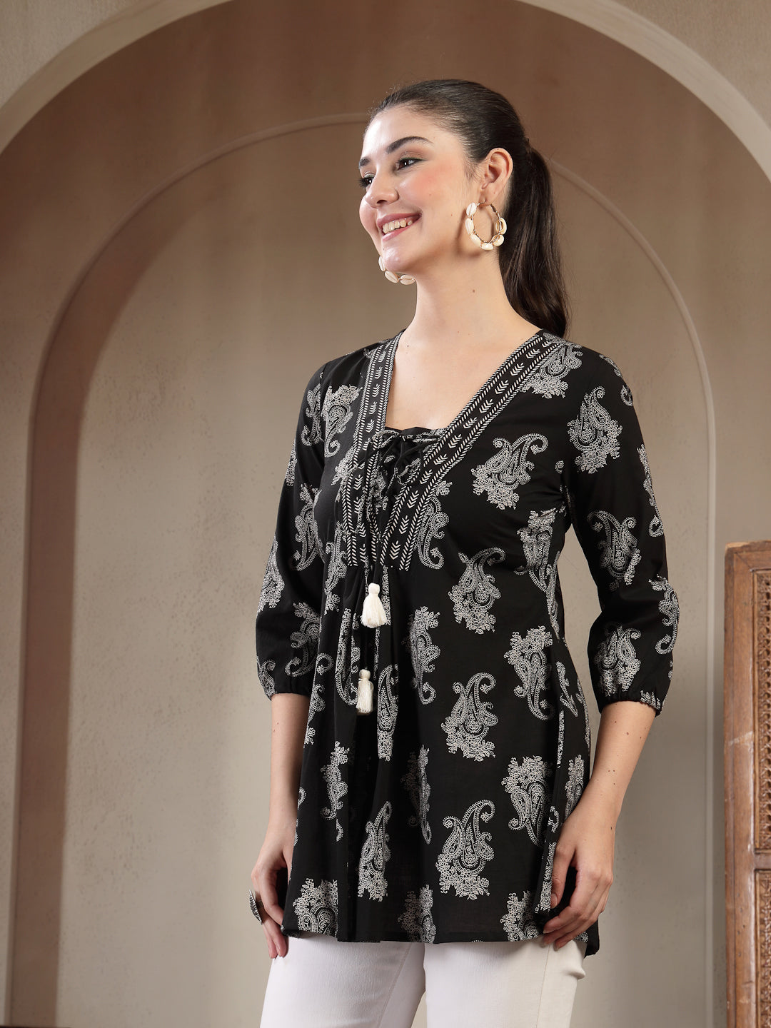 Cotton Hip Length Printed 3/4 Sleeves V-Neck Flared Top